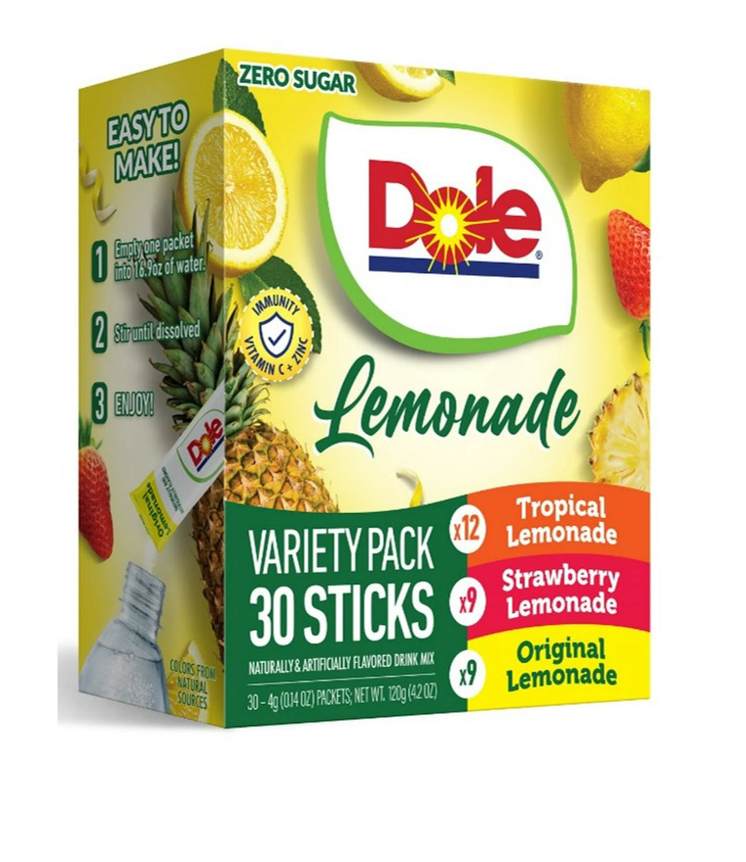 Dole Lemonade Variety Drink Mix, Tropical, Classic, & Strawberry, 30 Pack