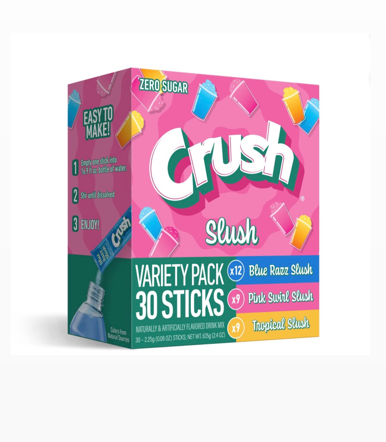 Crush Slush Powder Drink Mix Variety Pack, Blue Razz, Pink Swirl & Tropical, 30 Sticks