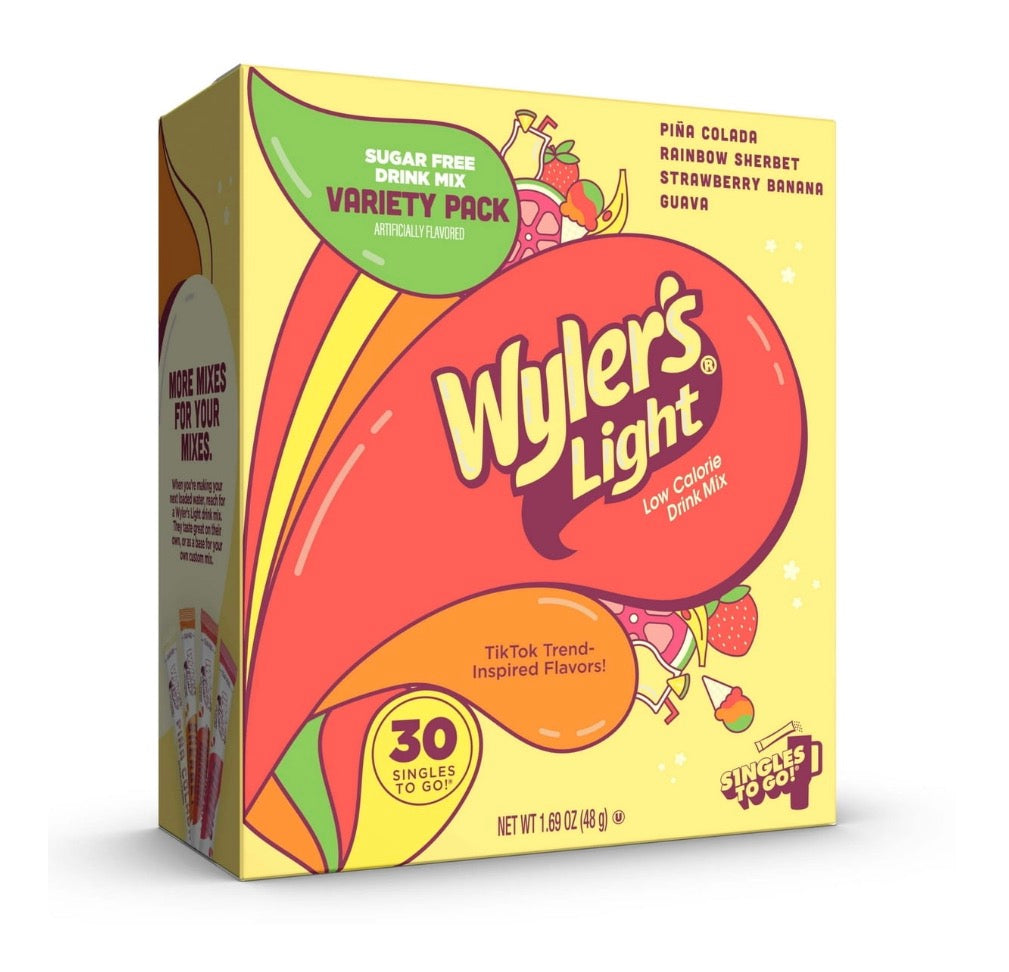Wyler’s Light Watertok Island Flavors Singles to Go Powdered Drink Mix Variety Pack (Pina Colada, Rainbow Sherbert, Strawberry Banana, Guava), 30 Count Packets