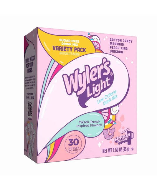 Wyler’s Light Sugar Free Drink Mix Variety Pack, 30 Singles To Go, Powder Sticks, Cotton Candy, Mermaid, Peach Ring & Unicorn Flavors