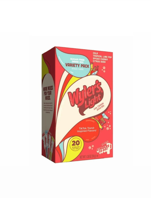 Wyler's Light Sugar Free Drink Mix Variety Pack, 20 Singles To Go, Powder Sticks, Cola, Tropical Lime Pop, Spiced Cherry & Citrus Soda