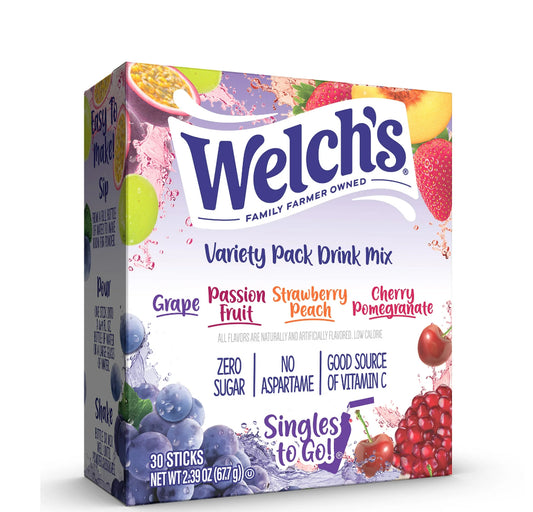 Welch's Zero Sugar Variety Pack Singles to Go Powdered Drink Mix, Grape, Passion Fruit, Strawberry Peach, Cherry Pomegranate, 30 Count Packets