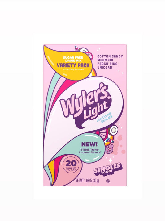 Wyler's Light Watertok Singles to Go Powdered Drink Mix Variety Pack, Fun Flavors, Cotton Candy, Mermaid, Peach Ring, Unicorn, Sugar-Free, 20 Count Packets