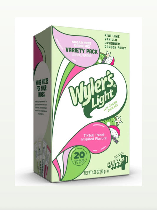 Wyler's Light Watertok Drink Mix Variety pack, Base Flavors, Kiwi Lime, Vanilla, Lavender, Dragon Fruit, 20 Count Packets