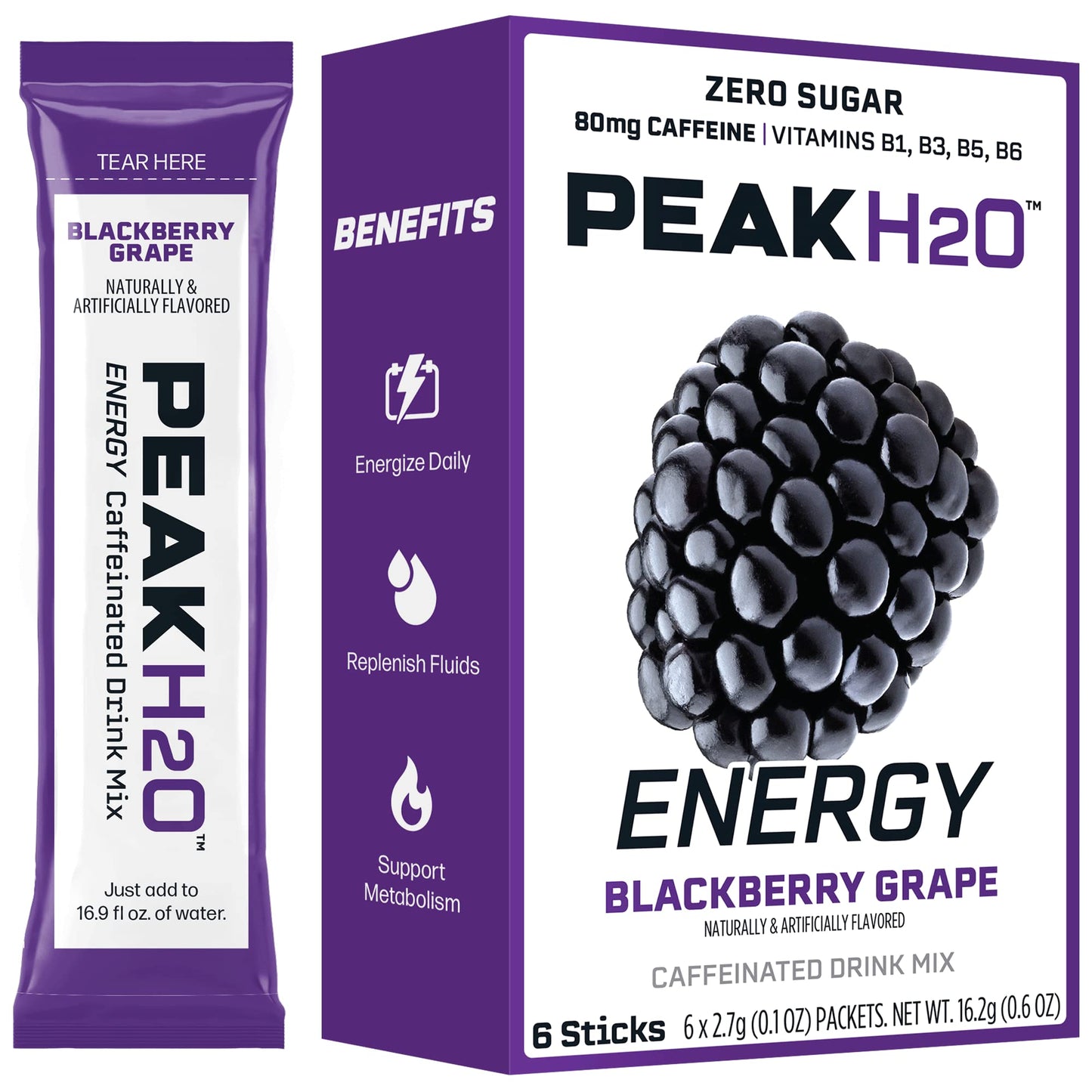 Peak H2O Energy BlackBerry Grape Drink Mix pack of 6